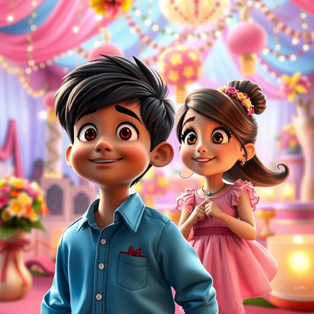 A bright and cheerful wedding scene with colorful decorations, flowers, and lights. Monish, an 8-year-old boy with black hair and a blue shirt, and Rita, an 8-year-old girl with long brown hair in a pink dress, are looking excitedly at the festive décor.