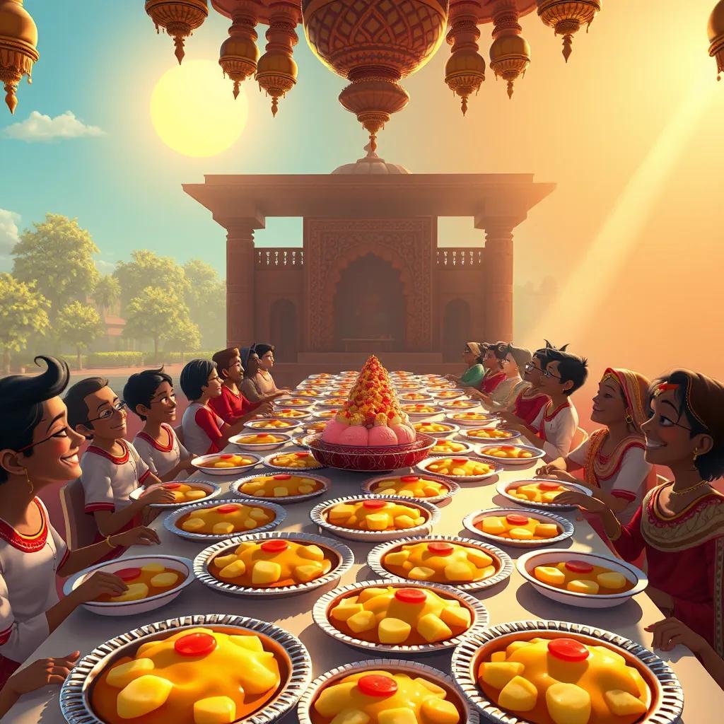 A big banquet table filled with plates of chaphatti. The sun shines brightly, and the aroma of food wafts through the air. Monish and Rita are sitting at the table, ready to eat.