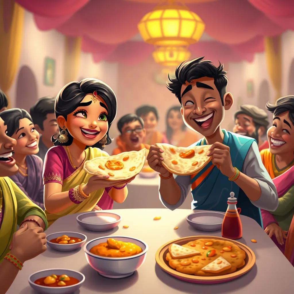 Rita and Monish happily hold pieces of warm chaphatti, spreading curry on them. They are sitting at the banquet table amid joyful friends, all laughing and chatting together.