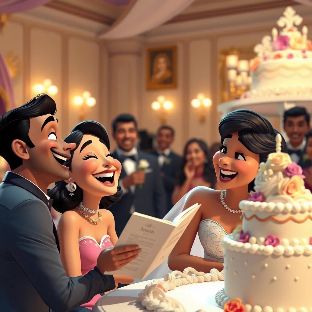 Rita is laughing as she shares a story with Monish, who is smiling at her. The happy atmosphere is filled with friends, music, and a beautiful wedding cake in the background.