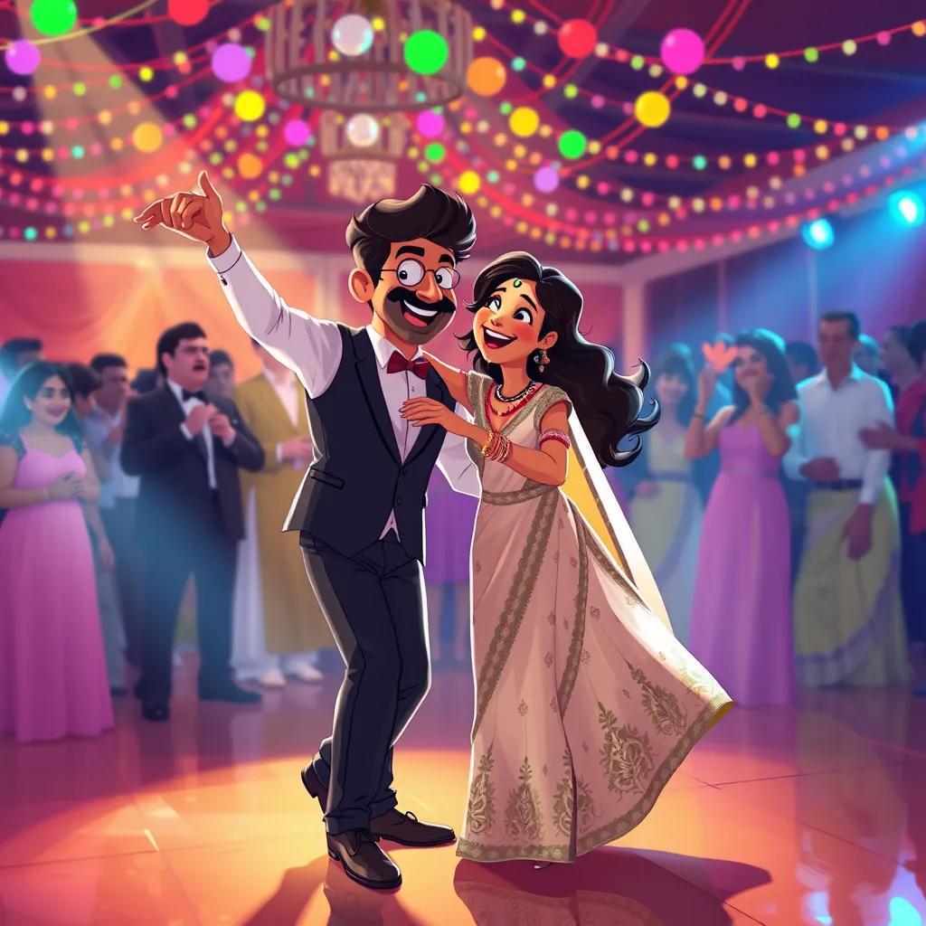 Monish and Rita are dancing together on the dance floor. They are excited and joyful, surrounded by friends celebrating the wedding, with colorful lights overhead.