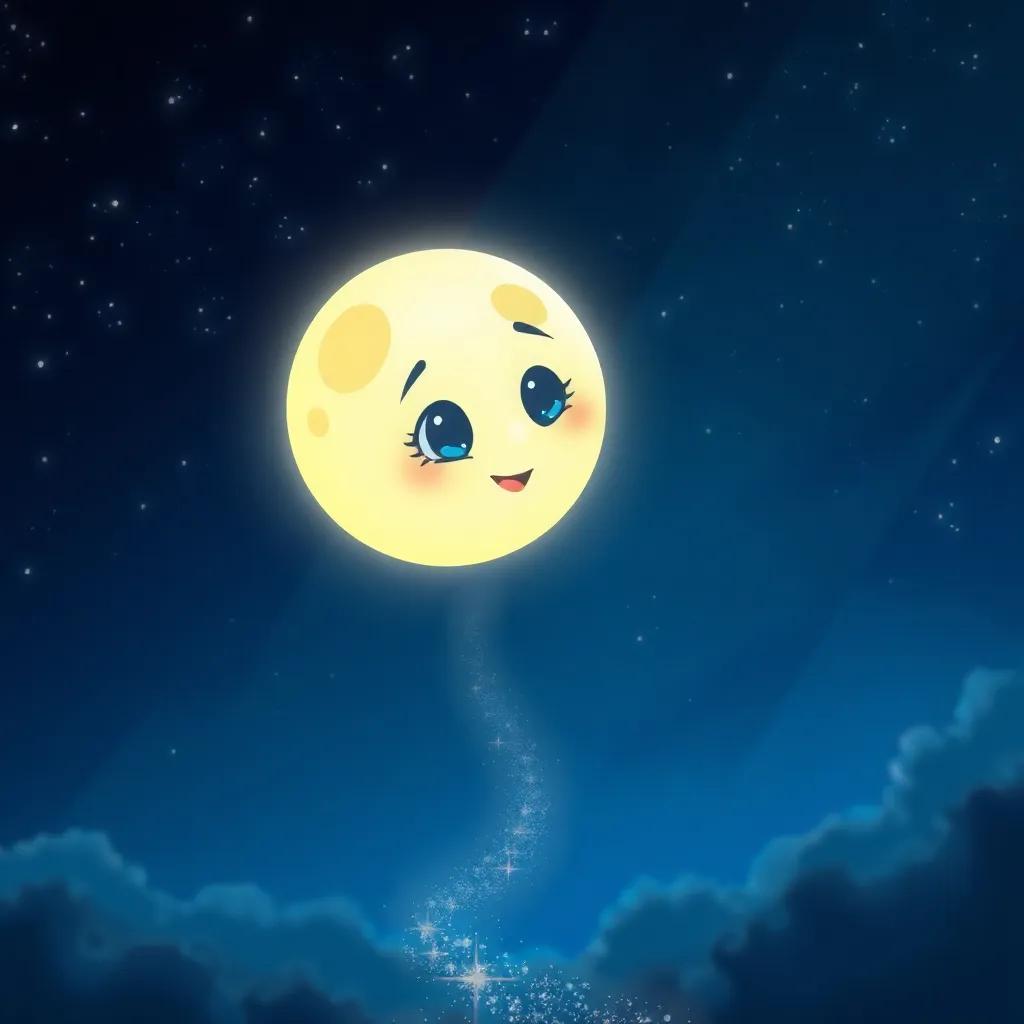 A mischievous little moon, Moonzia, with a twinkle in her eyes, searching the night sky for her friend, a sparkling trail of stardust leading below, digital art, whimsical, soft glow, deep blues and silvers, elevated perspective showing the moon in the night sky, high quality, magical atmosphere, vibrant colors