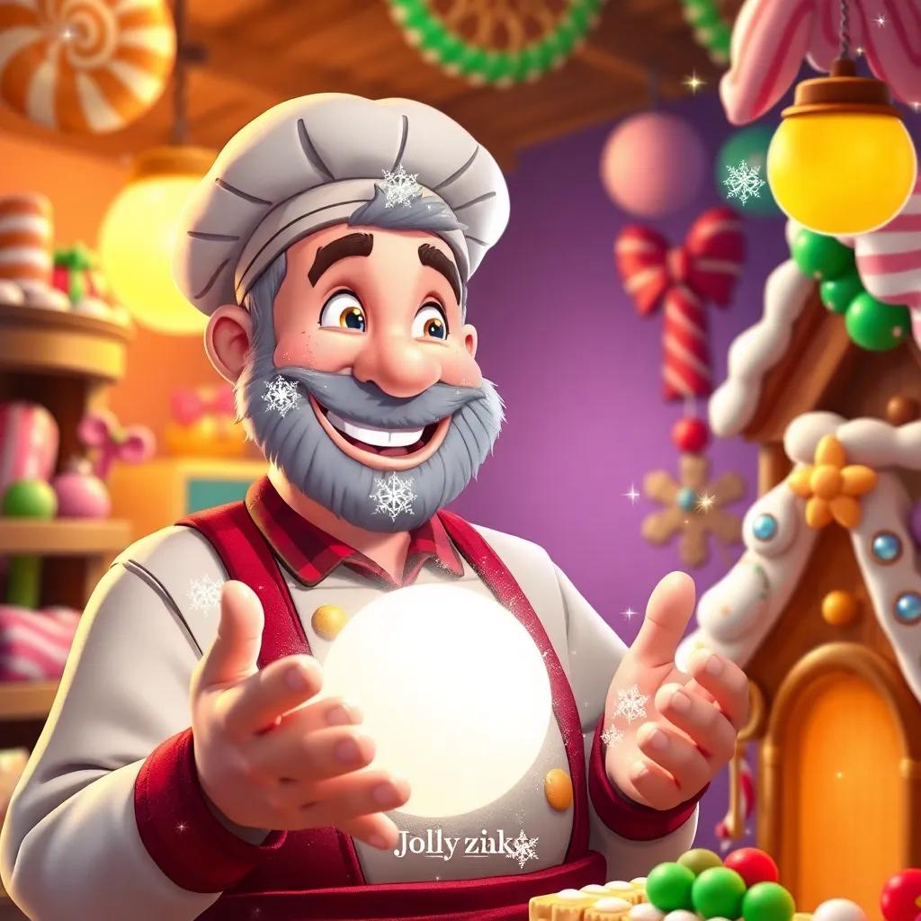 A jolly baker with flour dusting his cheeks in a colorful candy store, showing Moonzia, a little moon, a magical gingerbread house decorated with stardust and candies, charming illustration, warm light, festive colors, friendly and inviting vibe, close-up of the baker and Moonzia, high quality, joyful tone