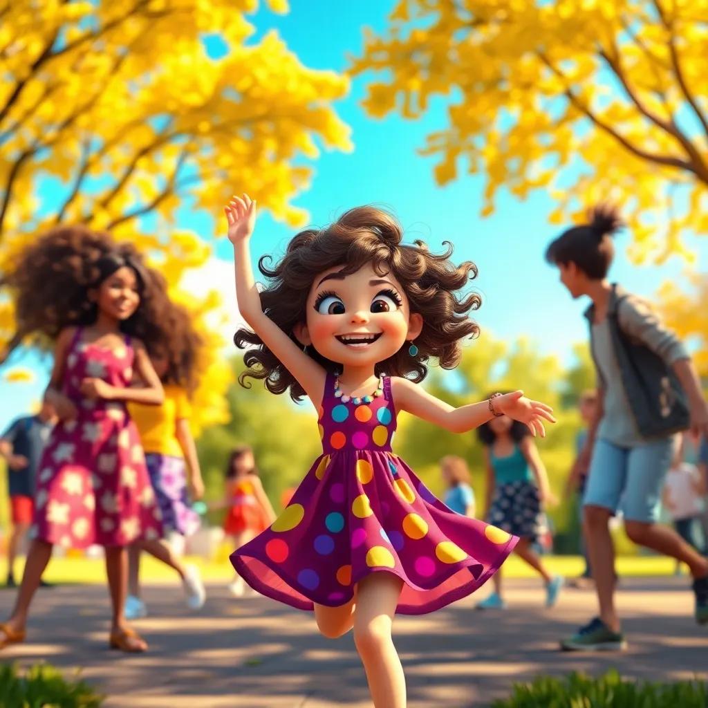 A lively girl, Mortey, with curly brown hair, wearing a colorful dress, dancing joyfully in a sunny park with friends, bright blue sky, cheerful atmosphere, digital art, colorful and vibrant tones, inviting scene, high quality