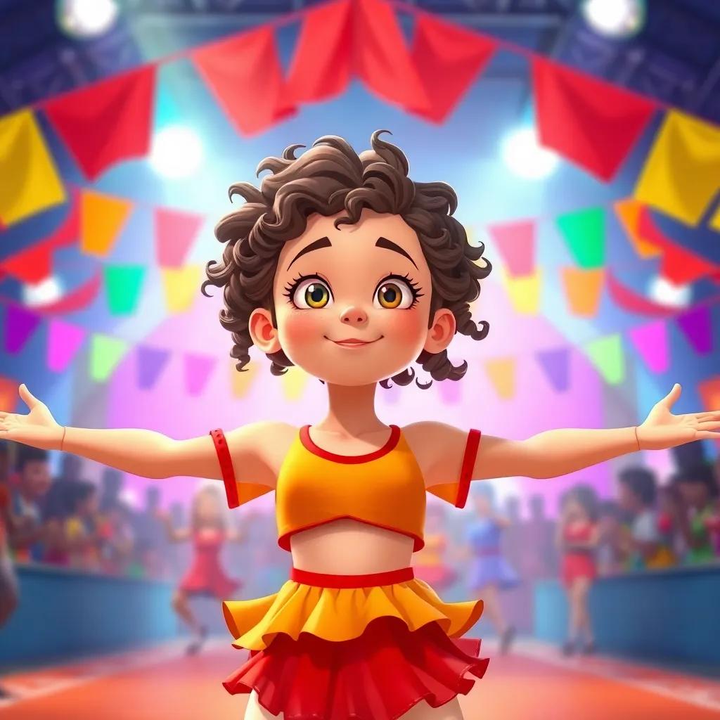 A determined girl, Mortey, with curly brown hair, wearing a bright dancing outfit, stretching her arms wide at a dance competition, colorful banners in the background, vibrant colors, energetic and uplifting mood, illustration, dynamic perspective, high quality