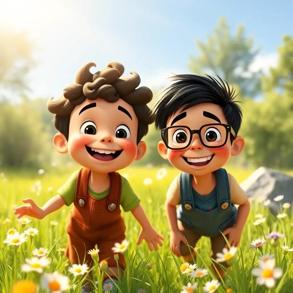 A bright summer day in Willow Creek, two boys playing outdoors, Mory with curly hair and a big smile, Juan with glasses and a cheerful expression, meadow flowers dancing, sunlight beaming down, digital art, vibrant colors, joyful atmosphere