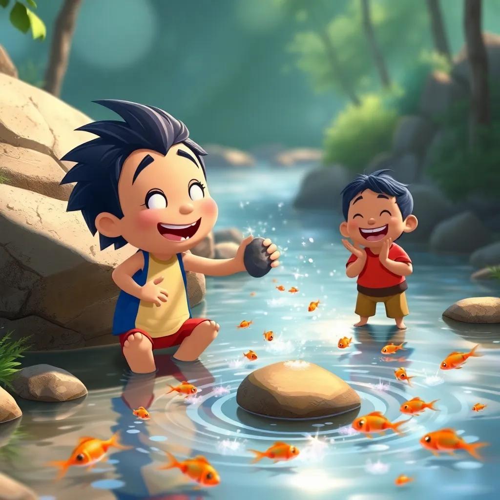Mory and Juan at a sparkling stream, tiny fish swimming around, Mory skipping a smooth stone across the water, Juan clapping with a big smile, lively scene, warm light, detailed illustration, whimsical