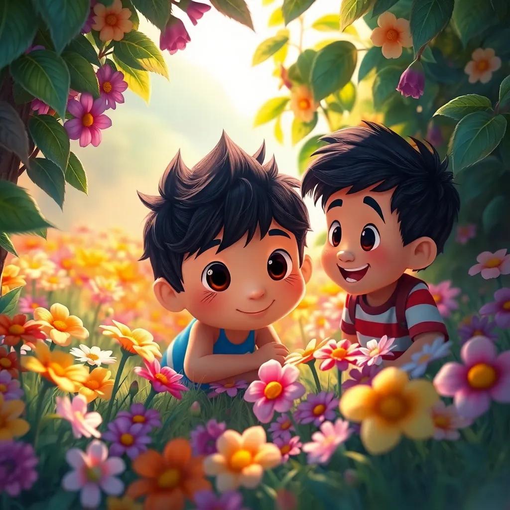 Mory crouching behind a bush, hiding during a game of hide-and-seek, colorful flowers around, Juan searching with curiosity, bright sunlight filtering through the leaves, cheerful and fun mood, digital painting, vivid