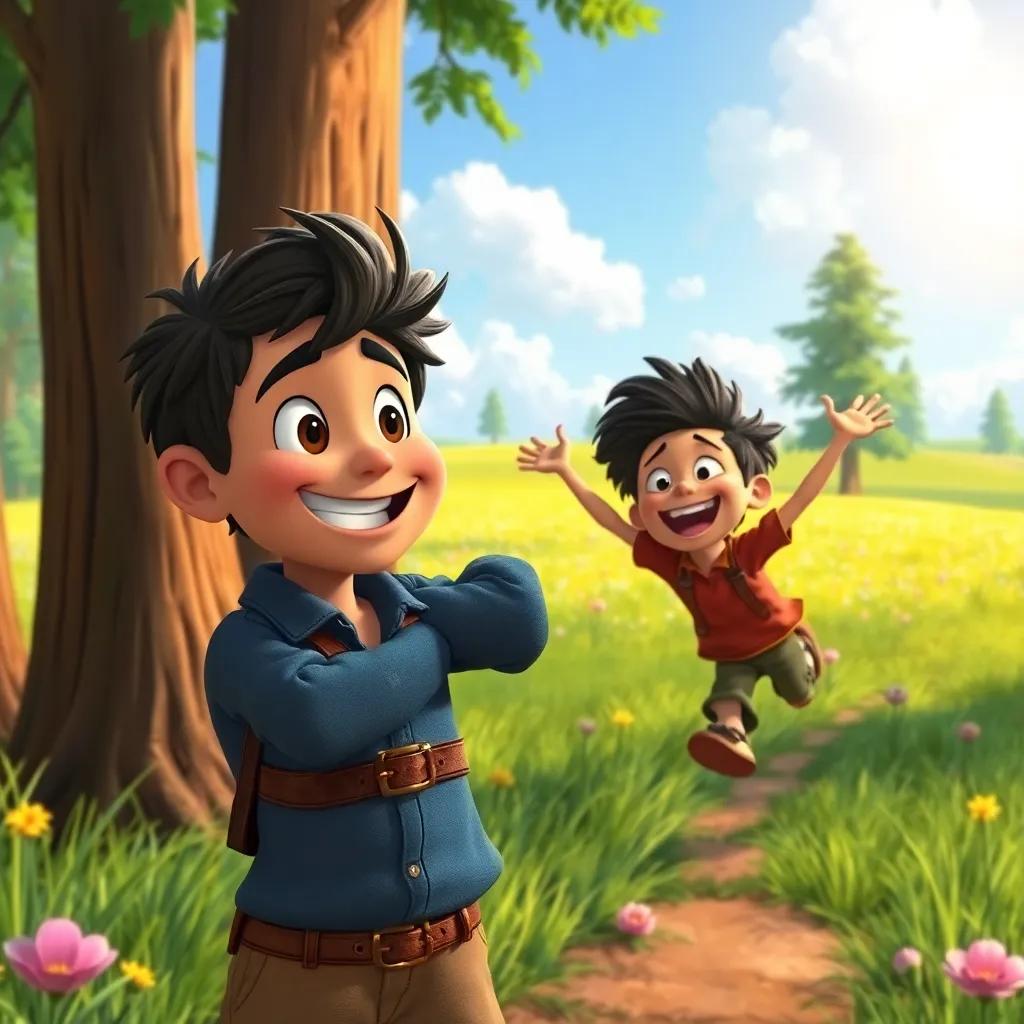 Juan spotting Mory's curly hair peeking out, triumphant expression on his face, Mory jumping out laughing, tall trees and a beautiful meadow in the background, rich colors, playfulness, engaging scene, high-quality