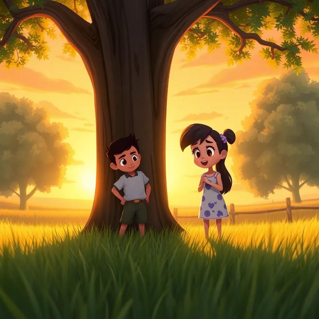 Juan's turn to hide behind a tall oak tree, Mory counting with excitement, a golden sunset casting warm colors in the sky, soft grass beneath them, countryside charm, dreamy atmosphere, illustration, enchanting