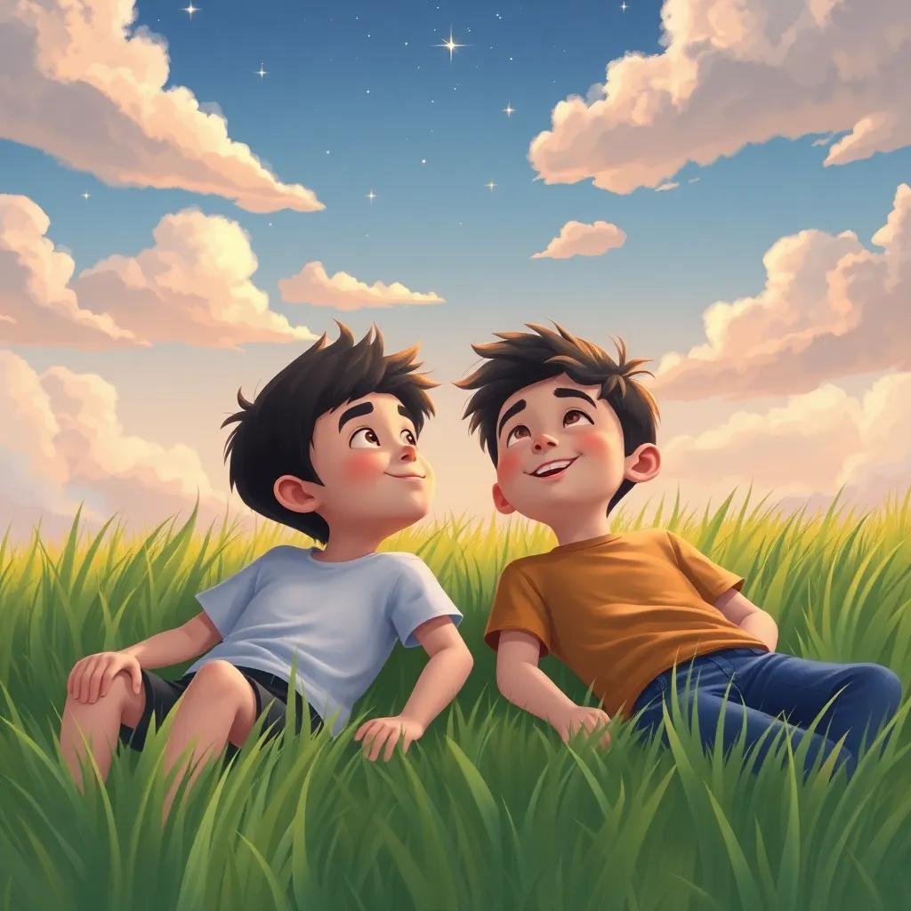 Boys lying in soft grass, looking up at changing clouds, peaceful evening with a starry sky beginning to appear, friendship and joy in the air, tranquil vibe, pastel colors, heartwarming