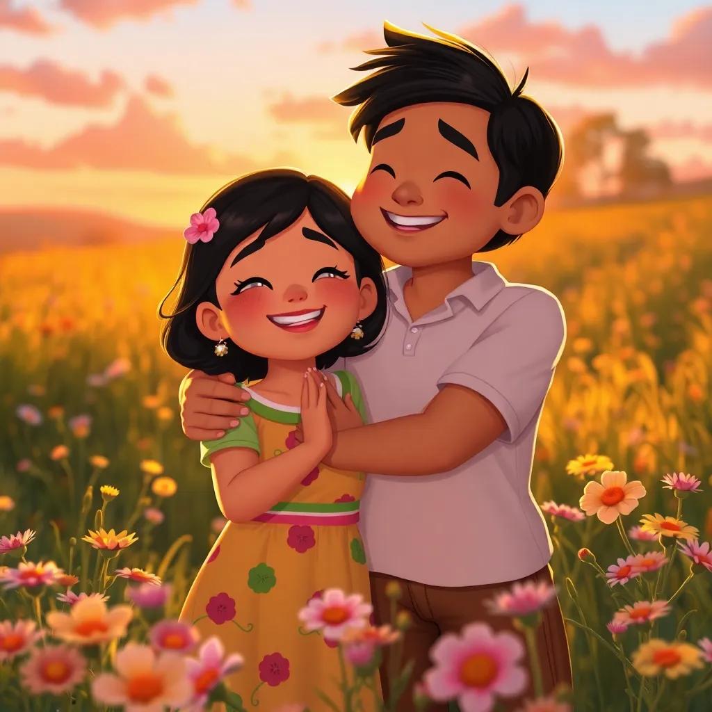 Mory and Juan at sunset, embracing their joyful day of adventure, meadow setting with beautiful flowers, grateful expressions, glowing light, sweet and charming, art style, nurturing mood