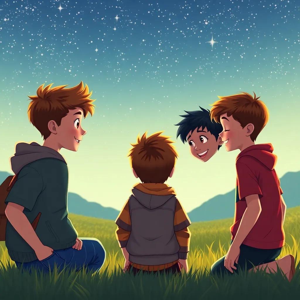 Boys promising to meet again tomorrow, under a twinkling starry sky, friends in a cozy atmosphere, the silhouette of the meadow in the background, hopeful feeling, bright colors, fantasy art, inviting scenery