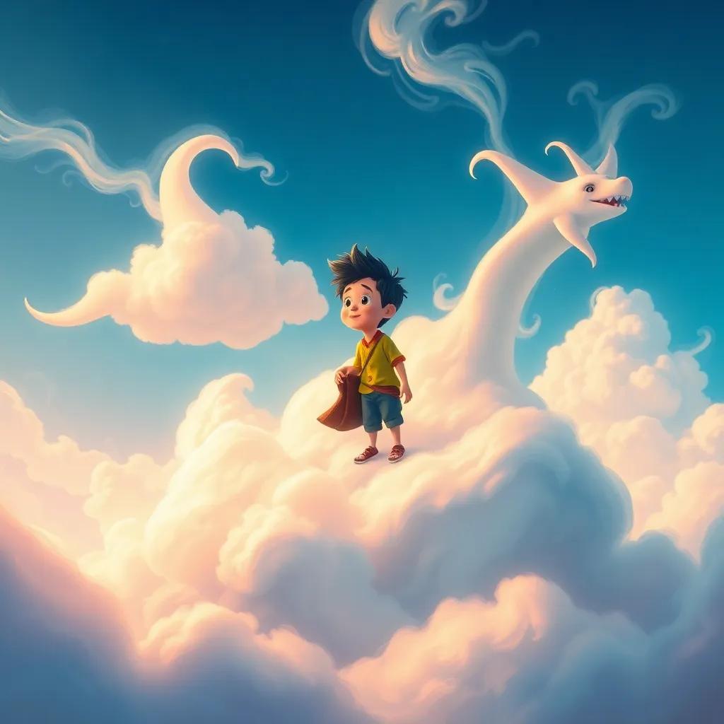 A dreamy visualization of Mory and Juan's next adventure, with clouds shaped like fantastical creatures, swirling colors representing their imagination, magical and whimsical, imaginative illustration, high-quality fantasy art