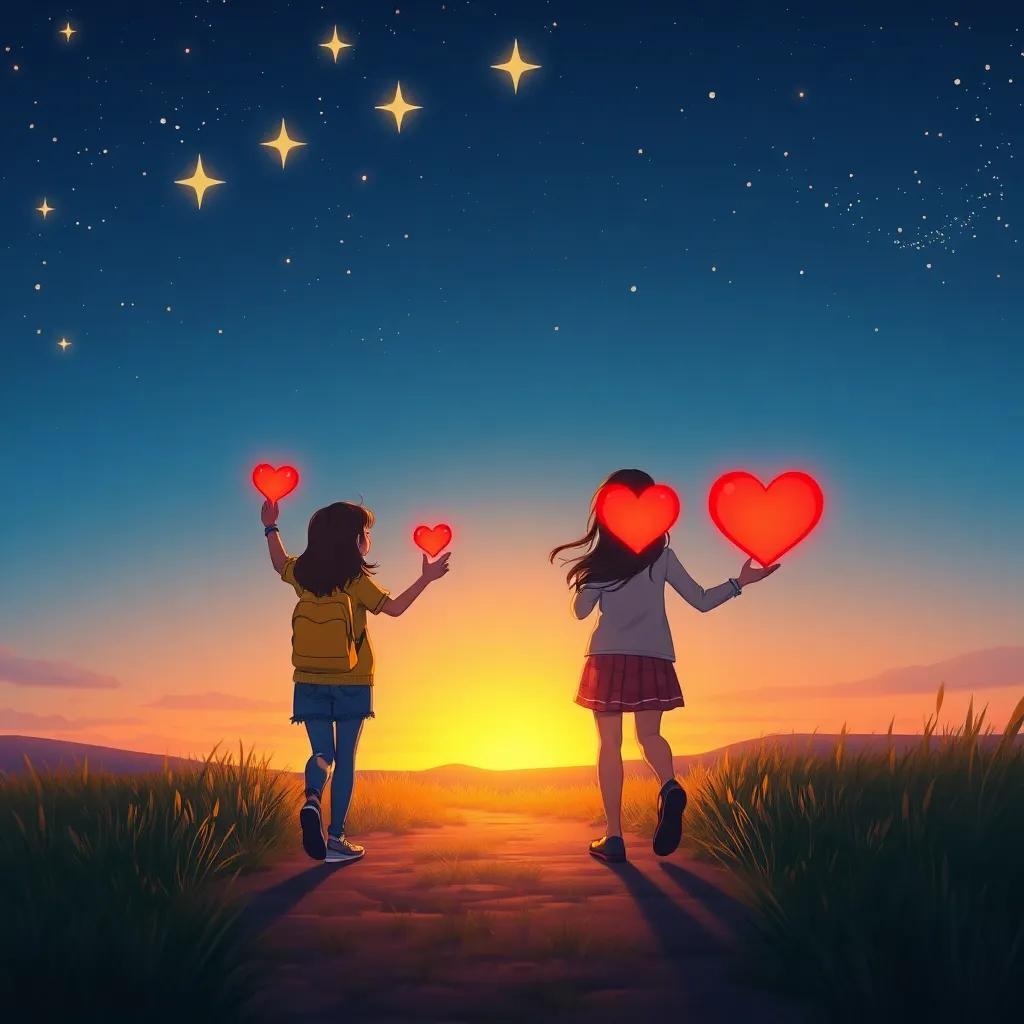 An imaginative scene of friends heading home with joyful hearts, stars twinkling above, walking along a path in the twilight, representing friendship and adventure, warm, inviting horizon, detailed digital art, serene