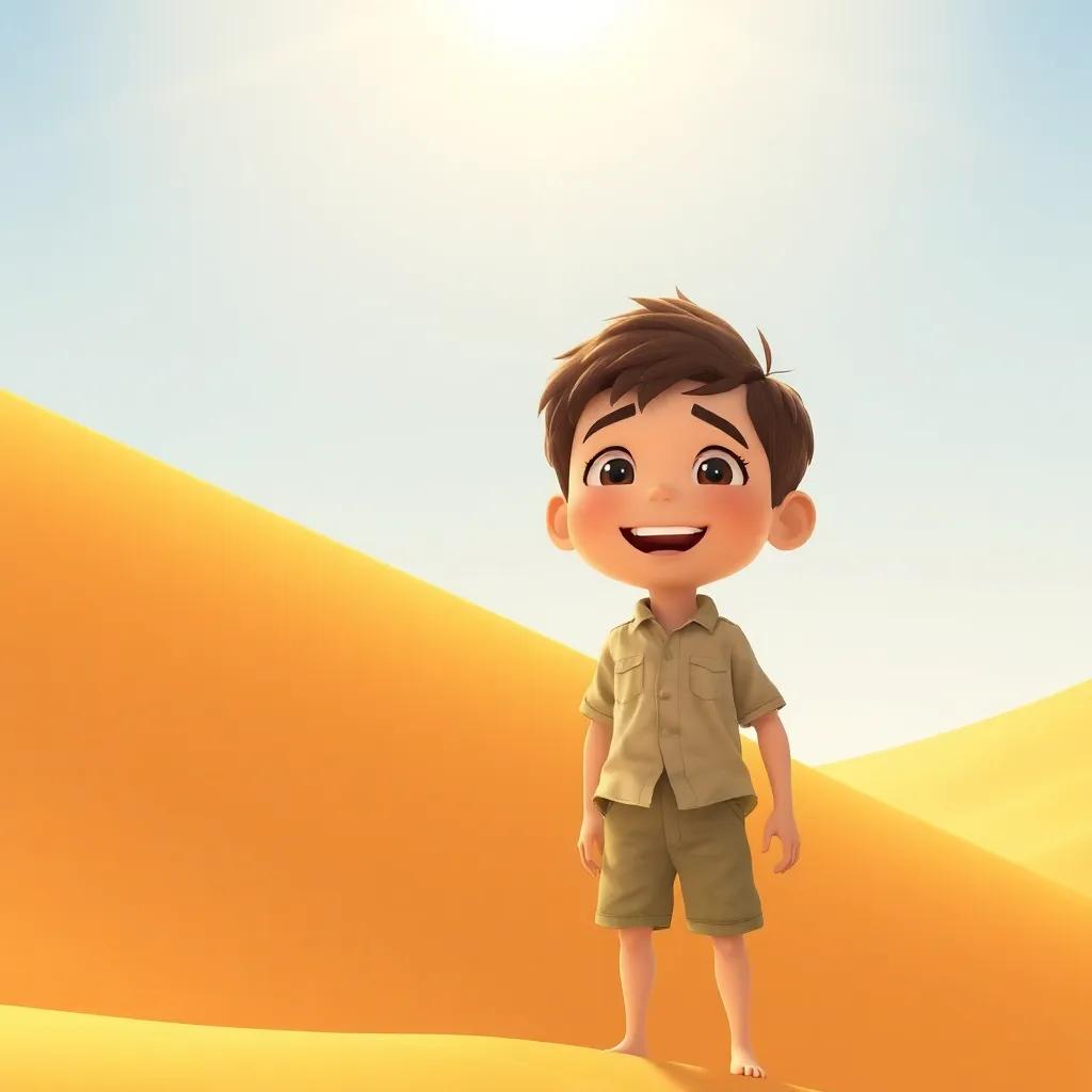 A young boy, Mos, with short brown hair wearing a light shirt and shorts, standing on a golden sand dune with the bright sun overhead, joyful expression, adventure-themed, vibrant colors, detailed digital art