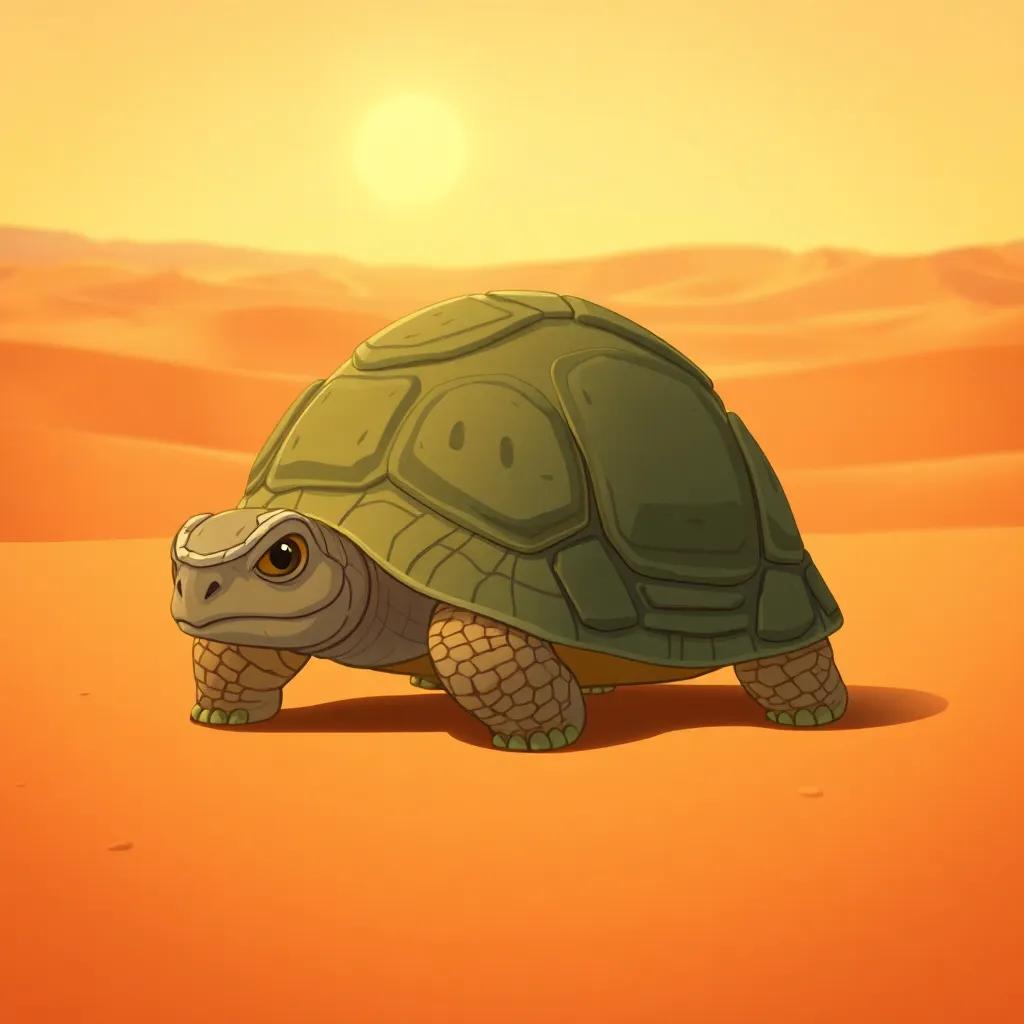 A wise old tortoise with a textured shell, slowly moving across the vast Sahara landscape, sunny and warm environment, soft shadows, warm light, cheerful illustration