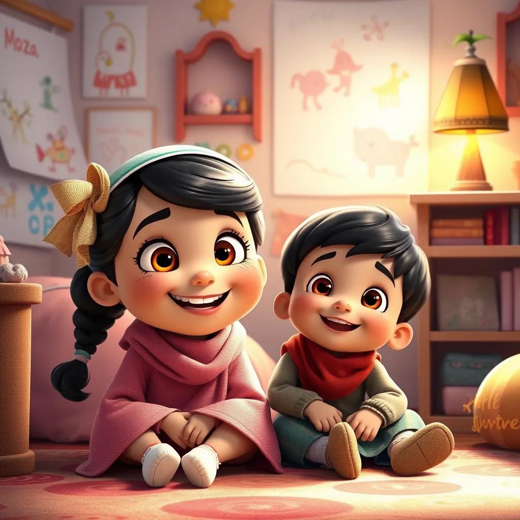 A cheerful girl named Moza, with bright eyes and a big smile, sitting next to her little brother Khalifa, in their cozy room decorated with colorful drawings, dreaming about an adventure, digital art, warm light, vibrant colors, delightful atmosphere, high quality