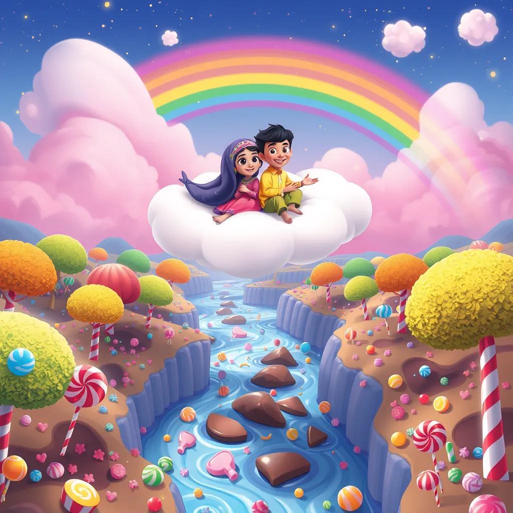 Moza and Khalifa flying on a fluffy cloud high above colorful candy trees, surrounded by rivers of chocolate and dancing candies, with a bright sky filled with rainbow colors, illustration, cheerful, magical adventure, child-friendly