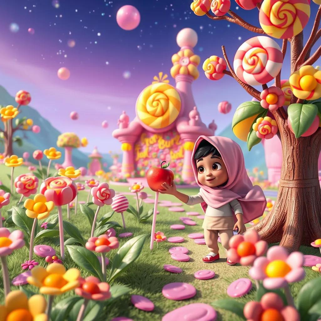 A magical Candy Planet with lollipop flowers blooming everywhere, Khalifa picking a candy apple from a nearby tree, with colorful confectionery in the background, vibrant colors, joyful scene, whimsical, high quality