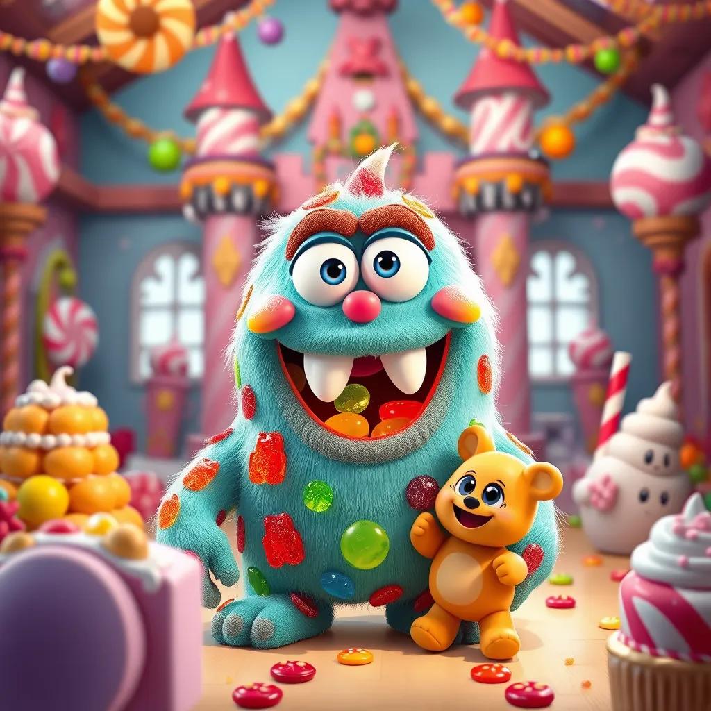A friendly Candy Monster named Sweeto, made of gummy bears with a big smile, inviting Moza and Khalifa to a candy castle made of chocolate and frosting, festive decorations, cheerful atmosphere, brightly colored, digital painting
