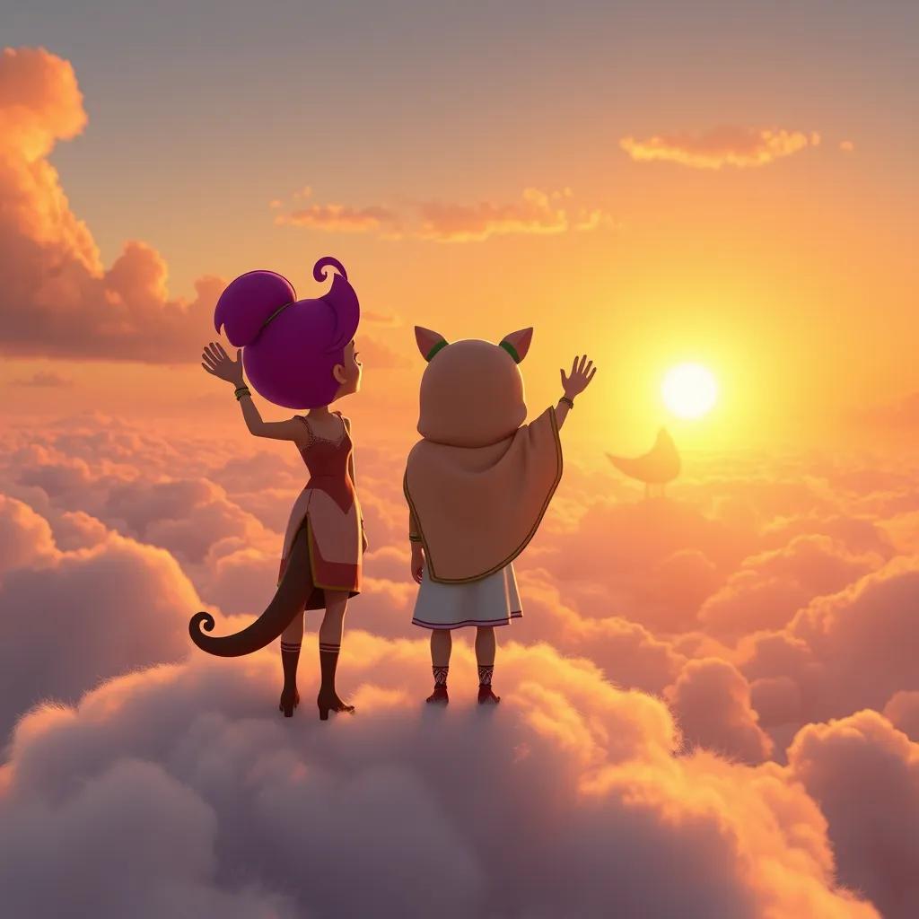 Moza and Khalifa waving goodbye to Sweeto, standing on a fluffy cloud, with the Candy Planet in the background as they soar back home, golden sunrise, uplifting imagery, warm colors, heartwarming scene