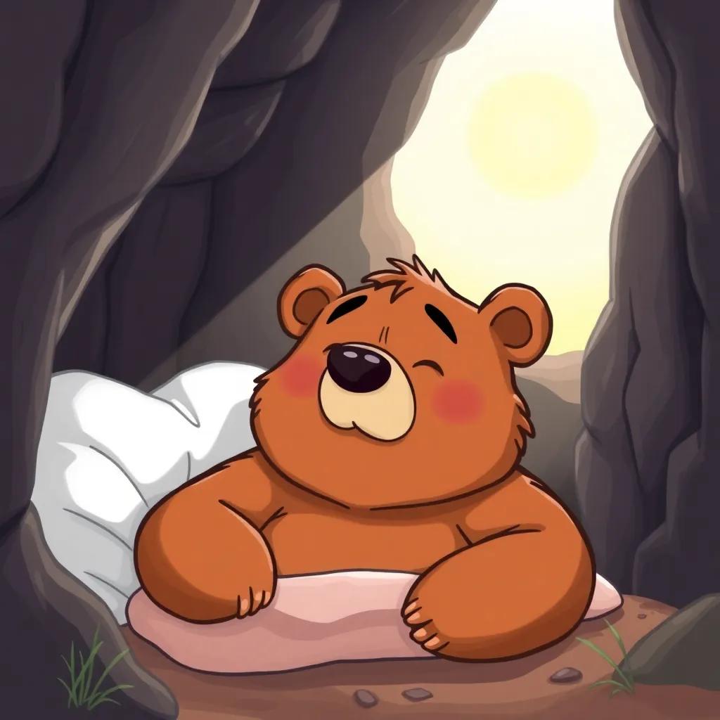 A big, friendly bear waking up in a cozy cave, looking determined and hungry, with a warm morning light shining through, cartoon style, cheerful and colorful, high quality