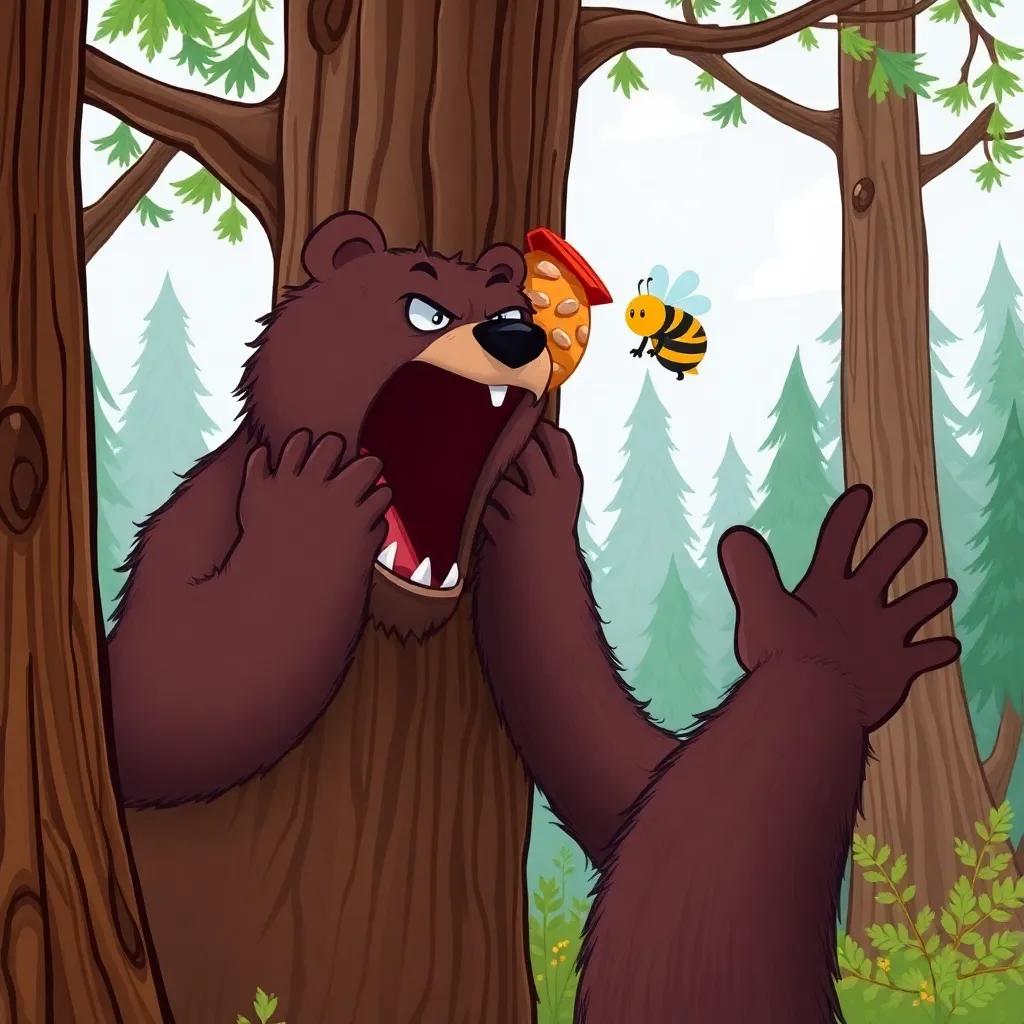 A big, angry bear reaching for a beehive in a tall tree, with a buzzing bee flying out, forest background, fun and playful style, vibrant colors, energetic atmosphere, high quality