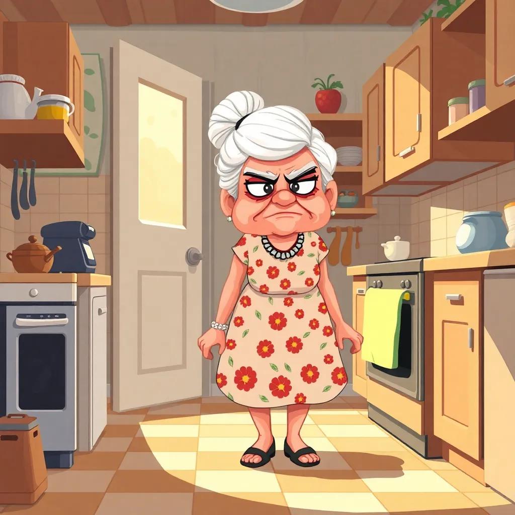 A grumpy old lady, Ms. Grumble, with white hair tied in a bun, wearing a floral house dress, shuffling in her small kitchen with a frown, morning light streaming in, cozy ambiance, digital art, inviting, cheerful colors, warm atmosphere
