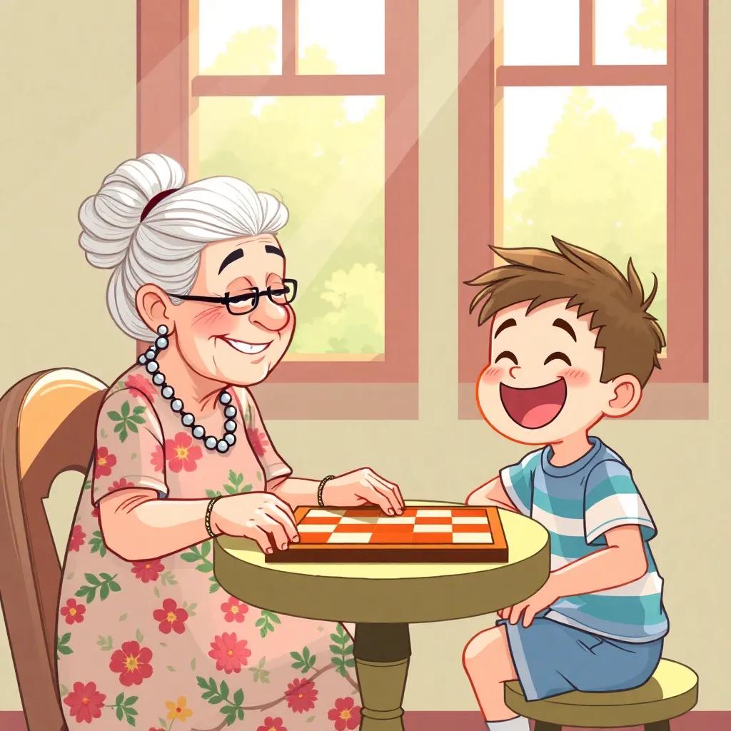 An old lady, Ms. Grumble, with white hair in a bun and floral dress, sitting at a small table with a young boy, Max, who's smiling widely, looking at a checkers board, bright sunlight shining through a window, joyful atmosphere, illustration, vibrant, heartwarming scene