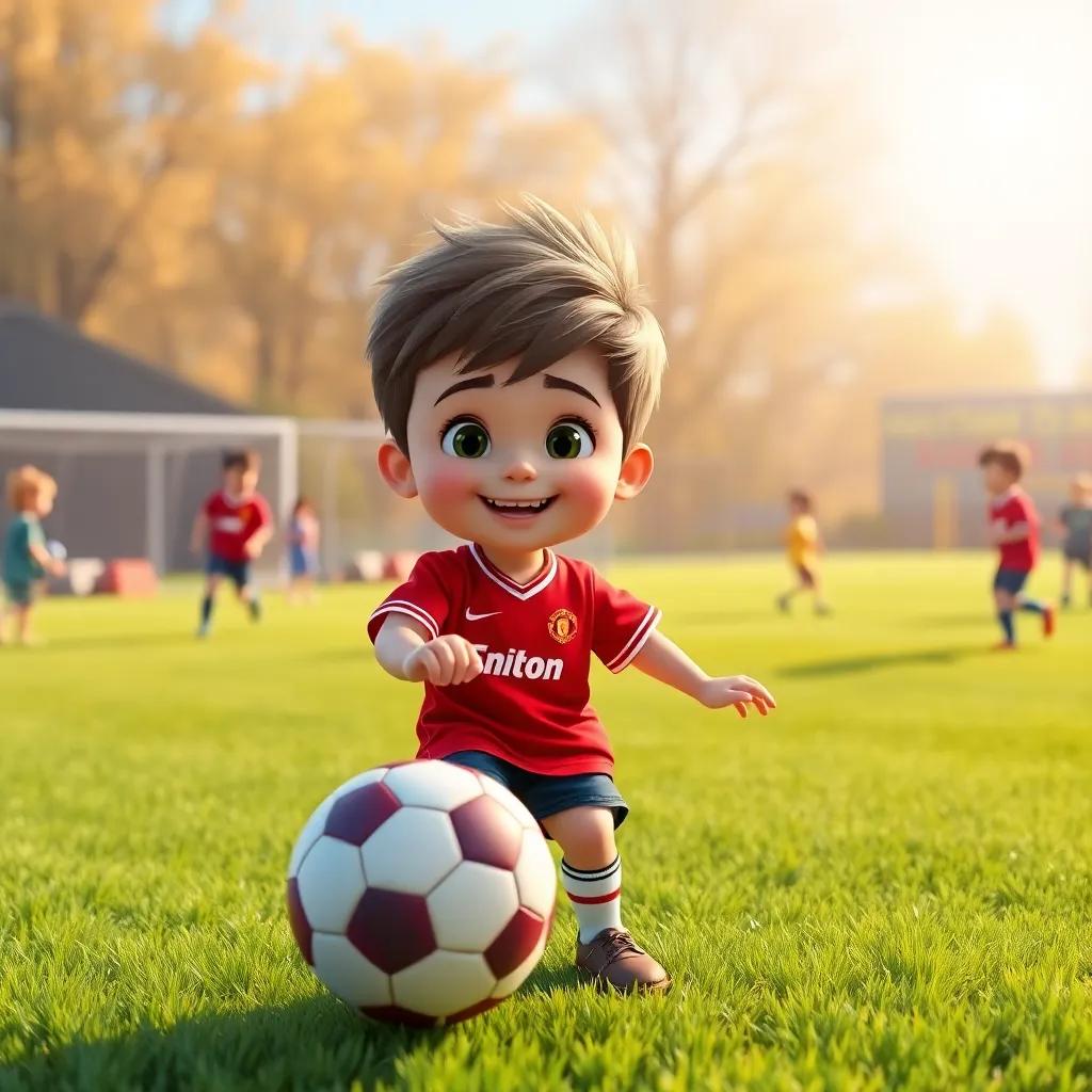 A young boy in a bright red Manchester United jersey, dribbling a soccer ball on a grassy field, with a big smile, kids playing in the background, sunshine, vibrant colors, cheerful atmosphere, digital art, high quality