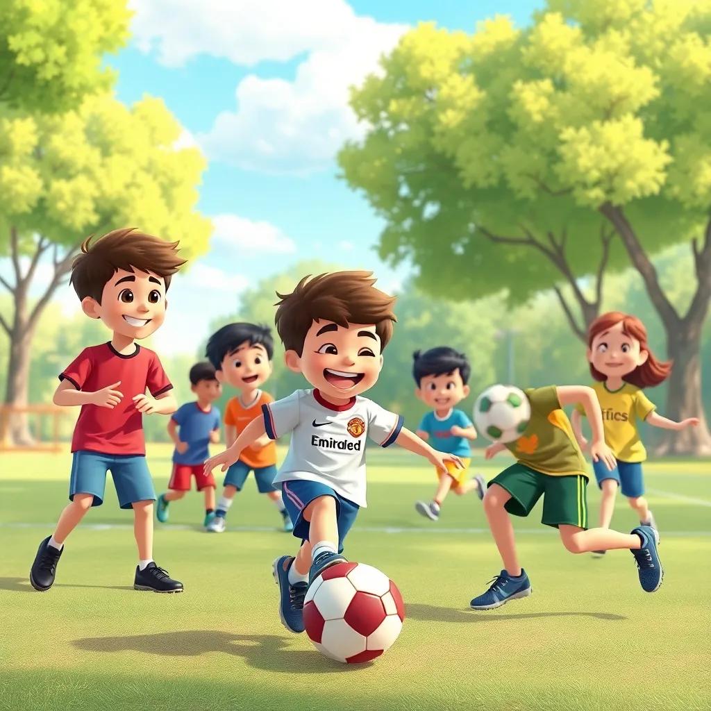 A group of kids, including a boy in a Manchester United jersey, practicing soccer skills at a park, laughing and having fun, trees and a bright blue sky, energetic scene, digital illustration, lively colors