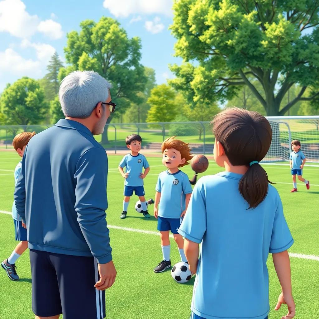 A coach watching a group of young players practice soccer, cheering them on, the kids showing excitement, a sunny day at a park, supportive atmosphere, detailed digital art