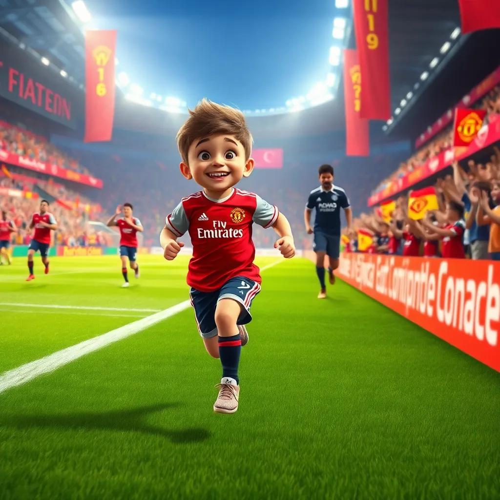 A young boy in a Manchester United jersey, running joyfully on the soccer field, with his friends in the background celebrating a win, colorful banners and cheering crowds, bright colors, energetic perspective