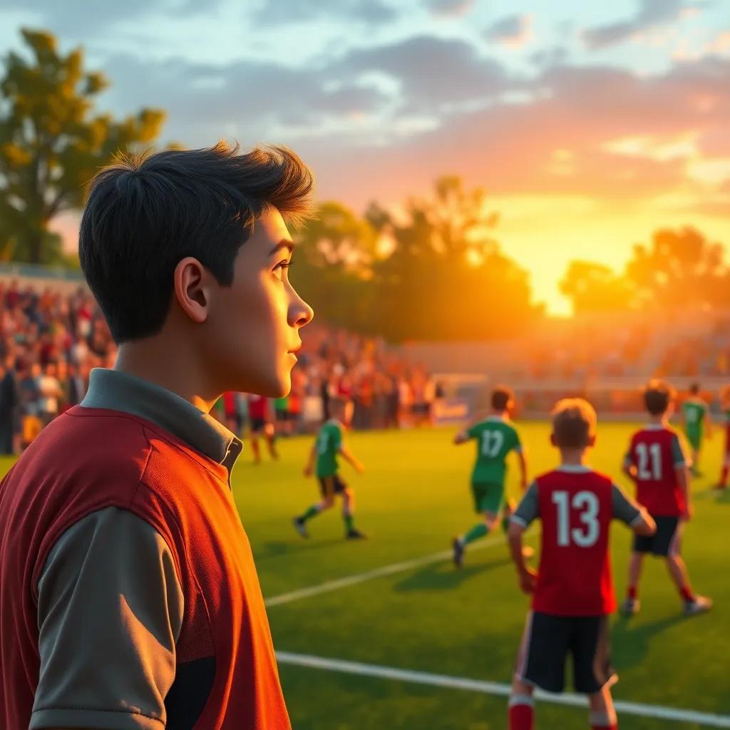 A scout observing a youth soccer match, looking impressed, young players showing skills, enthusiastic spectators in the background, evening light, engaging scene, bright colors