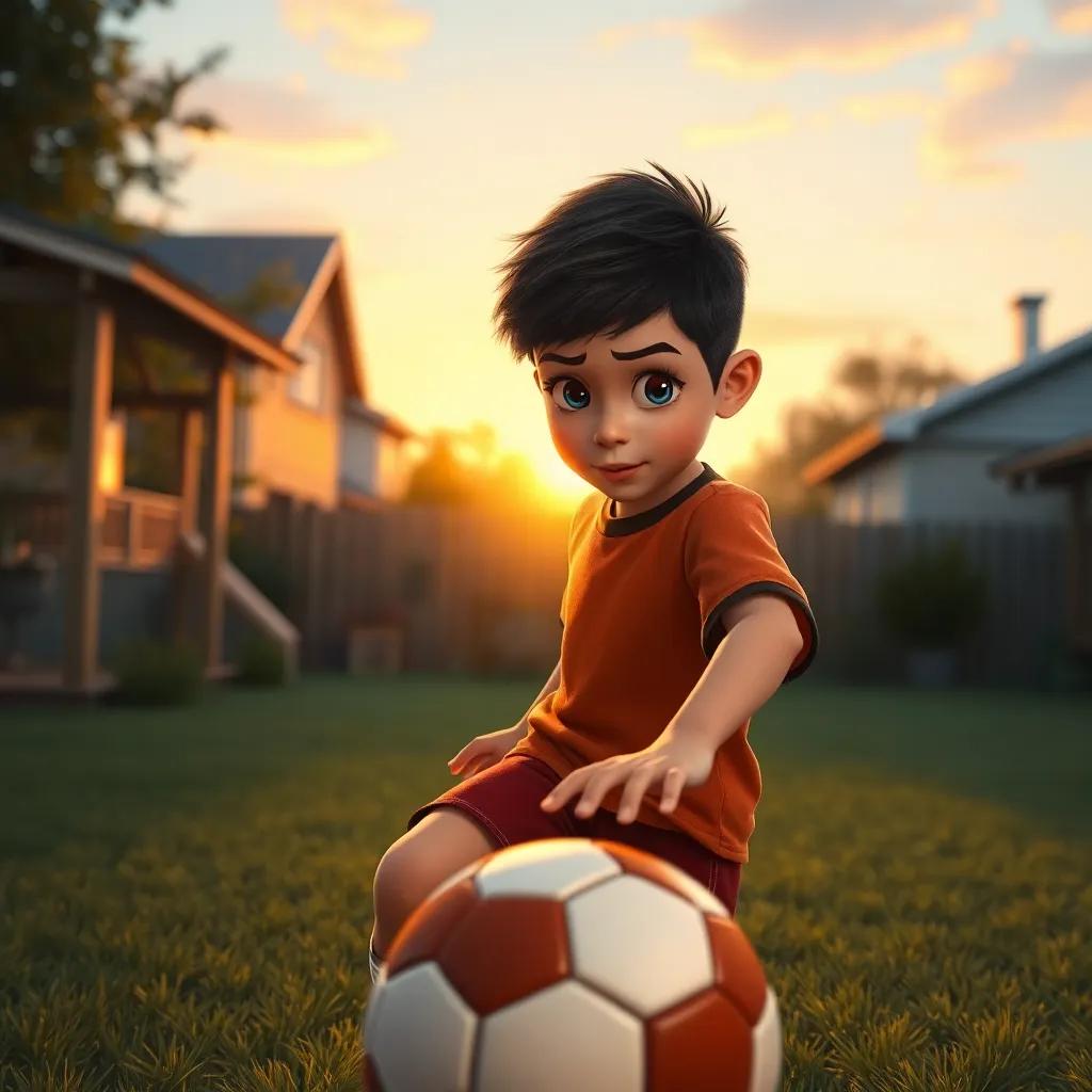 A young boy with a determined look, practicing soccer in his backyard, focusing on his skills, the sun setting in the background, inspiring atmosphere, digital painting, realistic