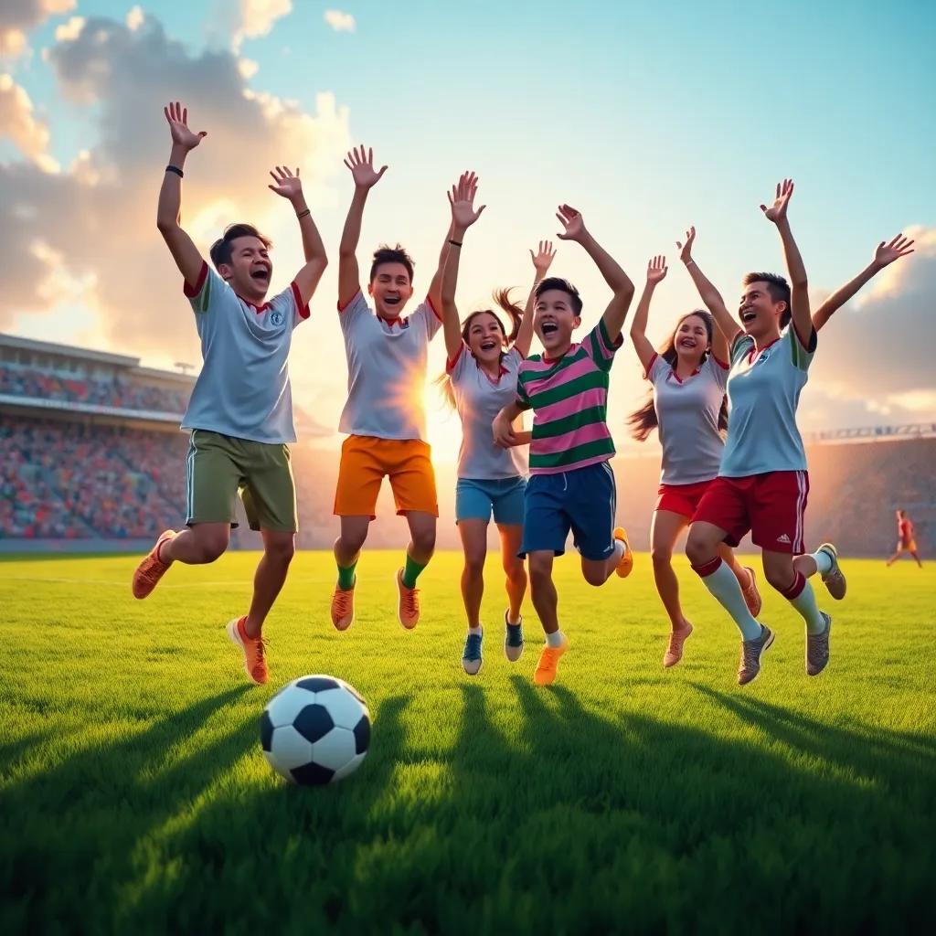 A group of excited friends celebrating after winning a soccer match, jumping and cheering, with a ball lying on the grass, warm sunlight, vibrant colors, joyful scene