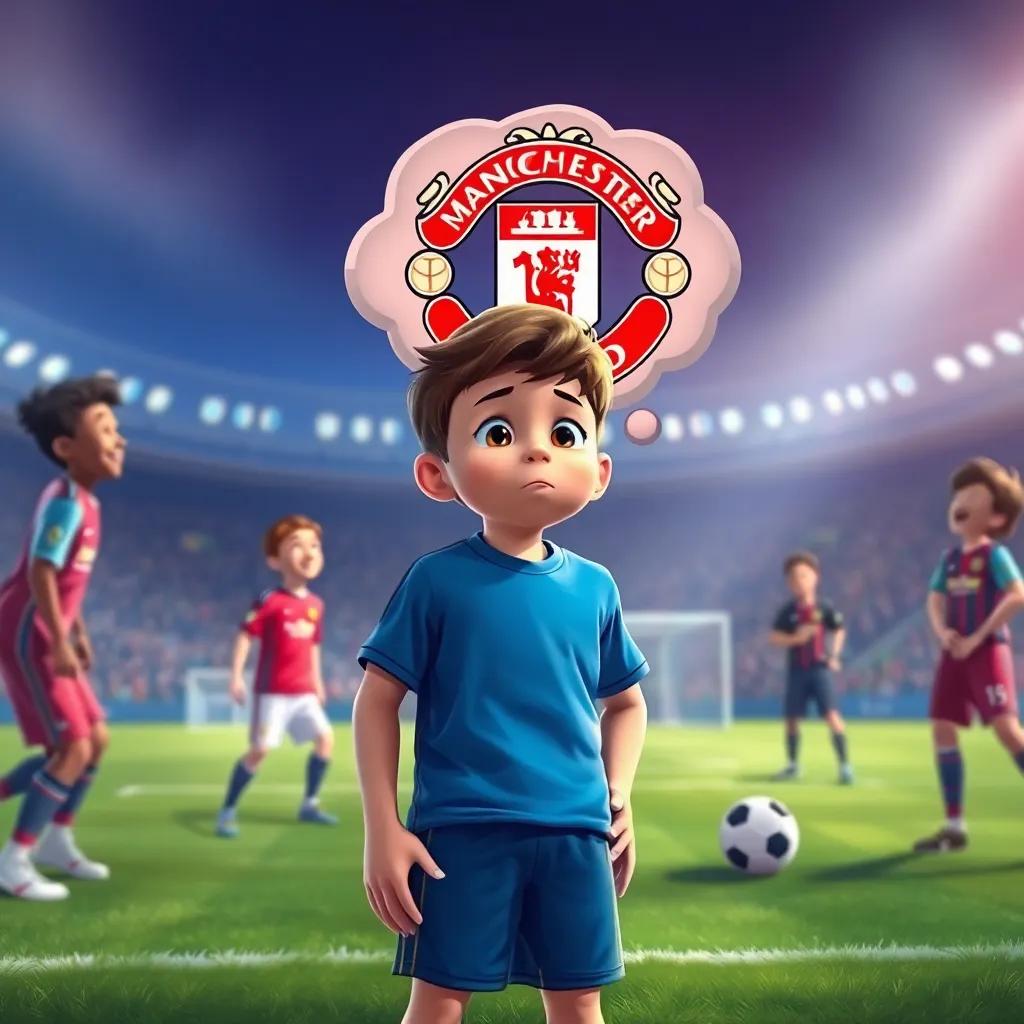 A young boy nervously preparing for a soccer trial, practicing on the field, thoughts of Manchester United in his mind, surrounded by supportive friends, bright colors, inspiring atmosphere, high-quality illustration