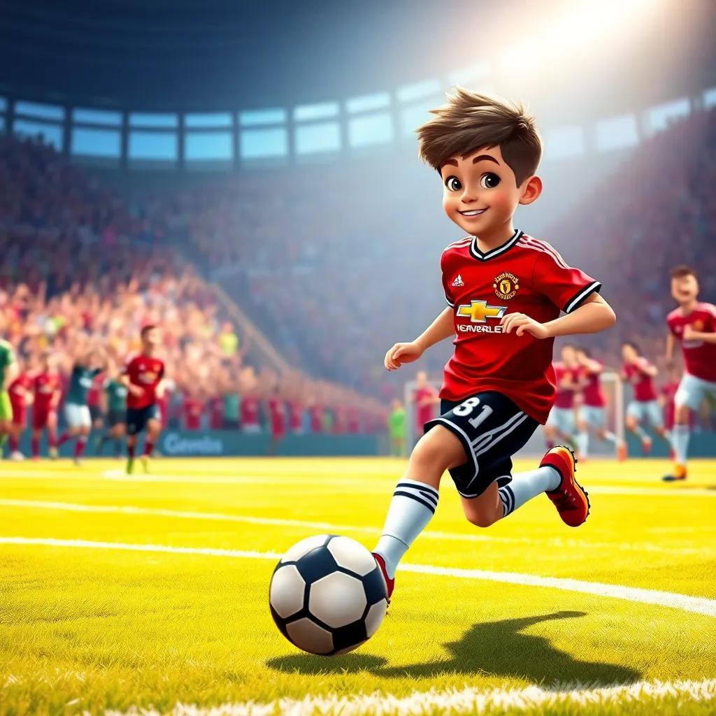 A heroic moment where a young boy in a Manchester United jersey confidently dribbles past other players on a vibrant soccer field, with a cheering crowd in the background, energetic and lively, bright colors, detailed art
