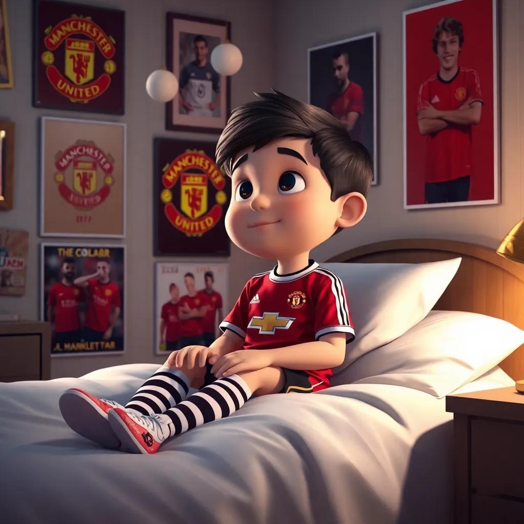 A little boy, daydreaming about playing for Manchester United, sitting on his bed surrounded by posters of the team, feeling inspired, cozy room with warm light, imaginative scene, digital art