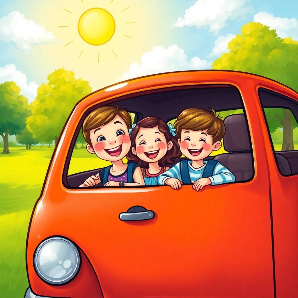 A colorful car with Mia, a cheerful girl, and her little brother Max inside, excited for a family trip, the park in the background with trees and a sunny sky, illustration, vibrant colors, joyful atmosphere, high quality
