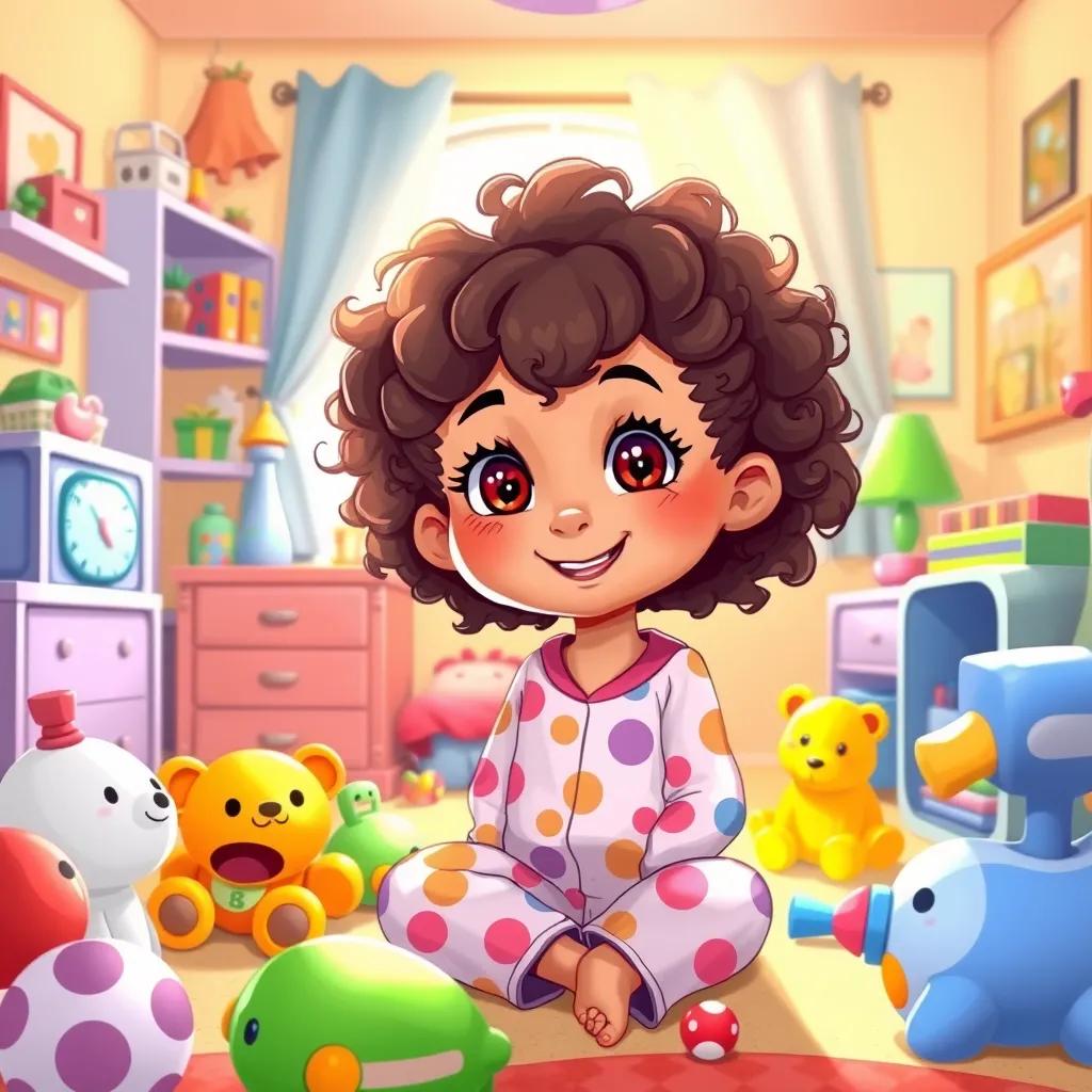 A young girl, Mia, with curly brown hair wearing pajamas, surrounded by colorful toys in her playful bedroom, sunlight streaming through the window, bright and cheerful atmosphere, digital art, vibrant colors, whimsical perspective, high quality