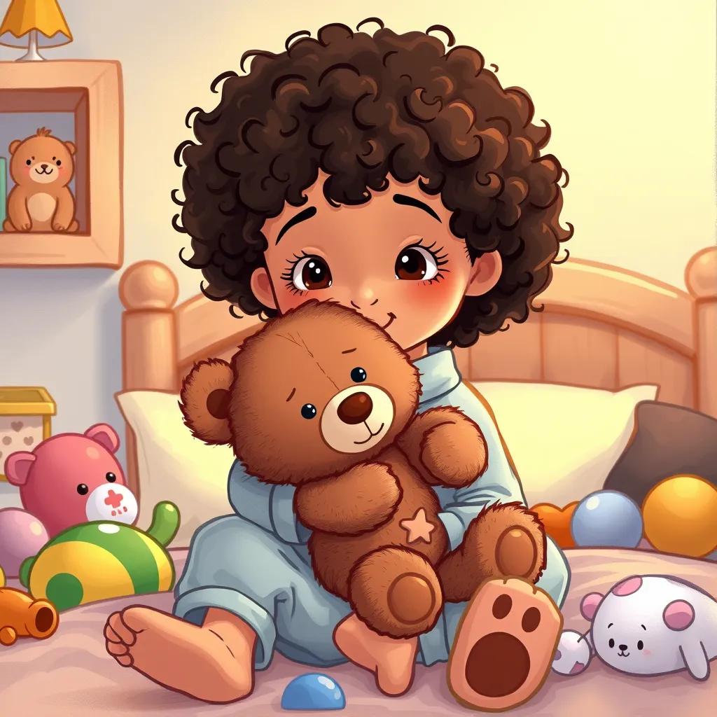 Mia, a young girl with curly brown hair wearing pajamas, holding her stuffed bear Mr. Cuddles with soft, brown fur, sitting on her bed surrounded by toys, warm light, inviting scene, playful perspective, high quality