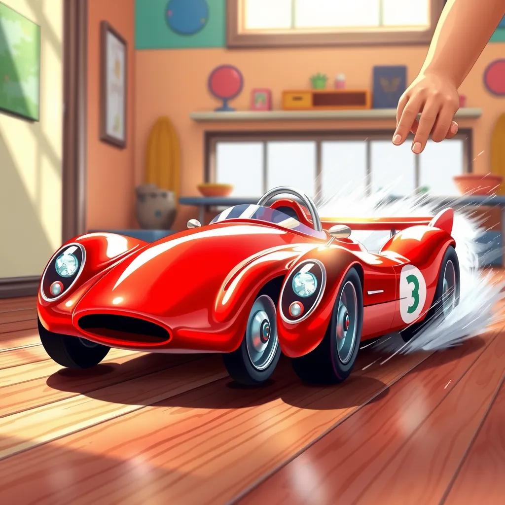 A shiny red race car zooming across a wooden floor, with Mia's hand pushing it, sunlight reflecting off the car, creating a sense of speed, colorful room in the background, dynamic angle, bright colors, high quality