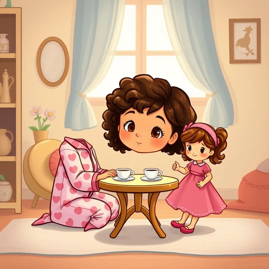 Mia, a young girl with curly brown hair wearing pajamas, sitting at a small table with her doll Daisy, dressed in a pretty dress, pretend tea party setup with tiny cups and plates, cozy room setting, warm light, child-friendly, high quality