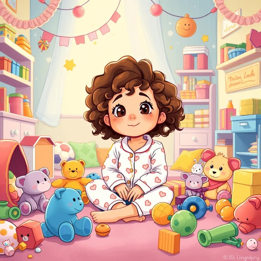 Mia, a young girl with curly brown hair wearing pajamas, sitting on the floor surrounded by all her toys, imagining big adventures, colorful room filled with toys, dreamy atmosphere, warm soft light, uplifting perspective, high quality