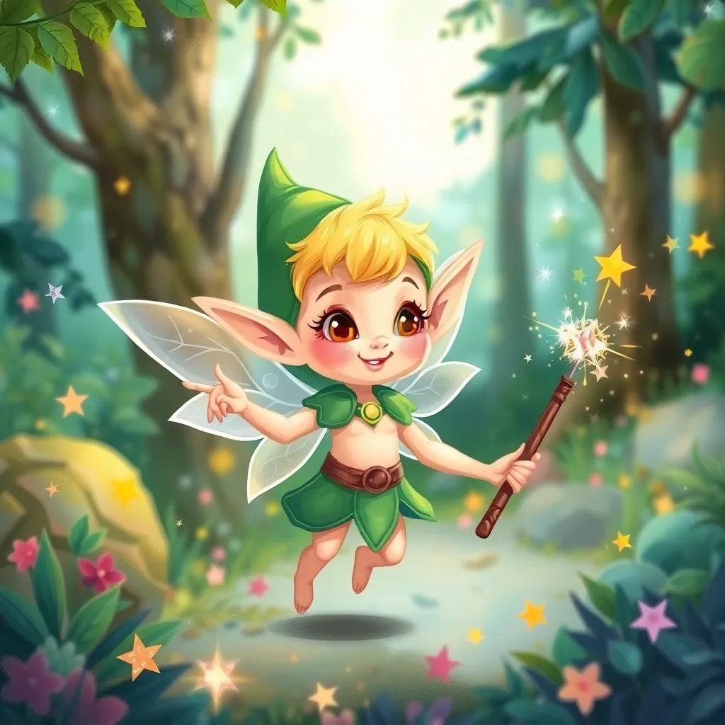 A tiny elf, Sparkle, with pointy ears and sparkling wings, waving his wand while surrounded by colorful sparkles, illustrations in a bright forest, fantasy, lively colors, enchanting setting, high quality