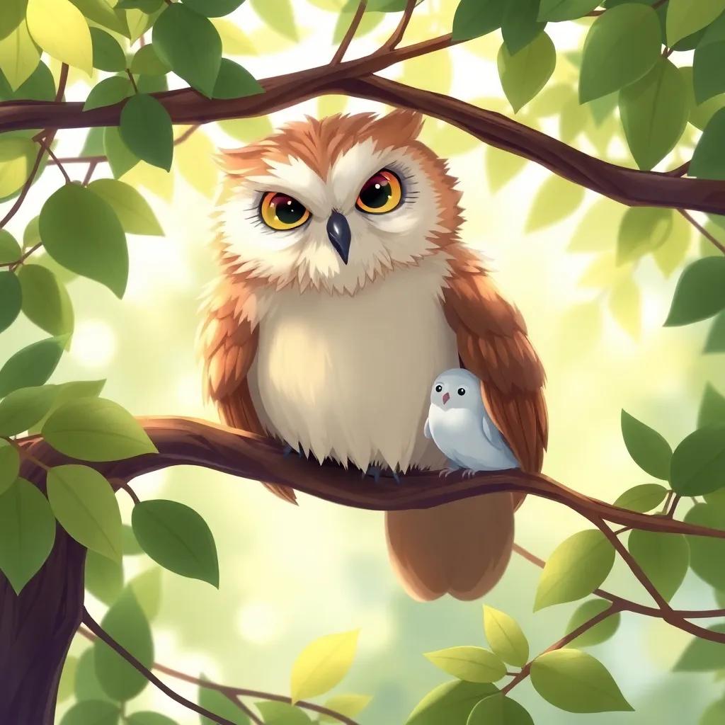 A wise old owl perched on a branch, peering down at Mia and Sparkle with attentive eyes, surrounded by lush green leaves and dappled sunlight, digital art, serene, warm colors, inviting atmosphere, high quality