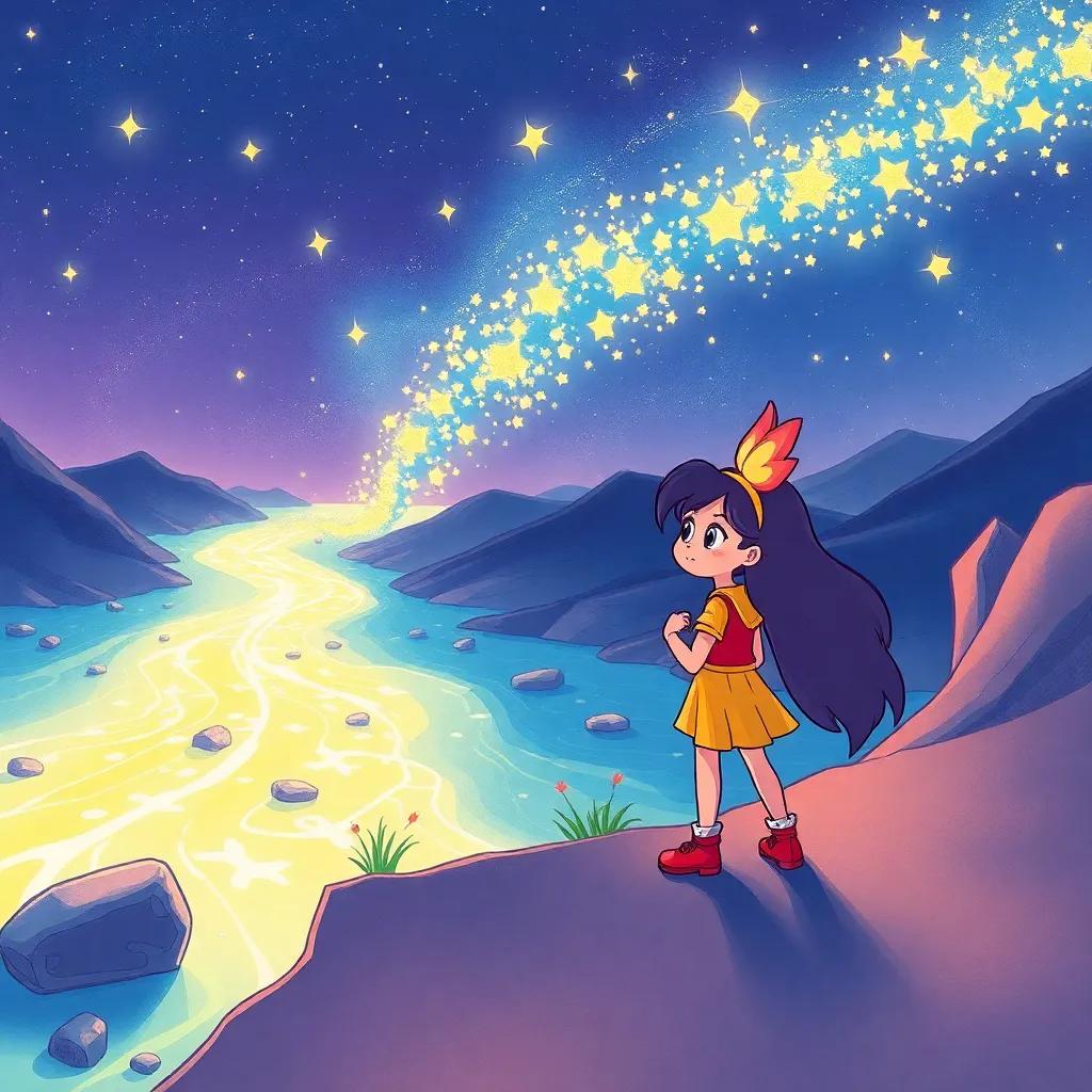 Mia and Sparkle on the banks of a glowing river of dreams, looking determined as they see trapped stars in the distance, illustration, bright colors, inspirational perspective, high quality