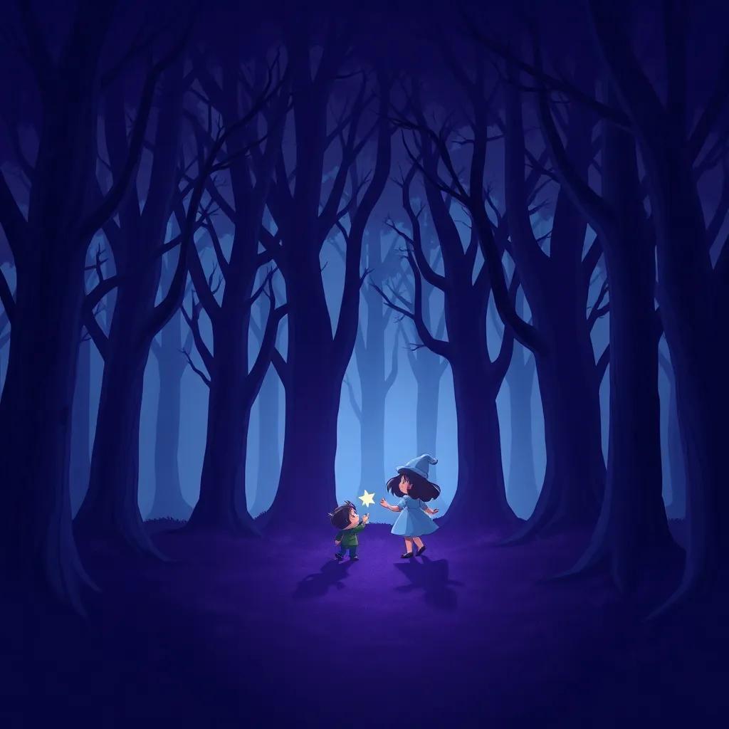 The shadowy woods with whispering trees forming friendly shapes as Mia and Sparkle enter bravely, softly glowing in hues of purple and blue, digital art, moody yet welcoming, magical atmosphere, high quality
